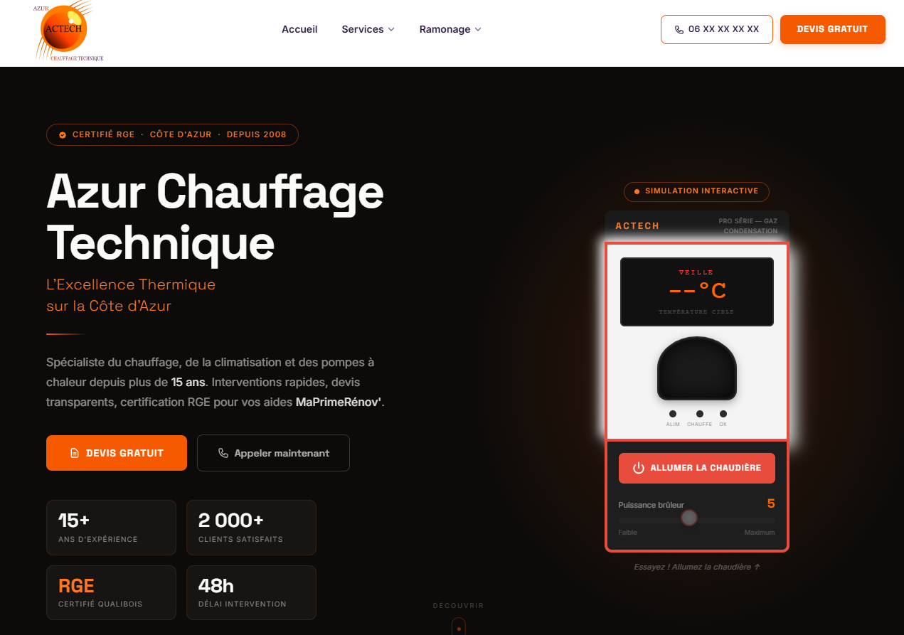 Capture d'écran du site ACTECH – Azur Chauffage Technique