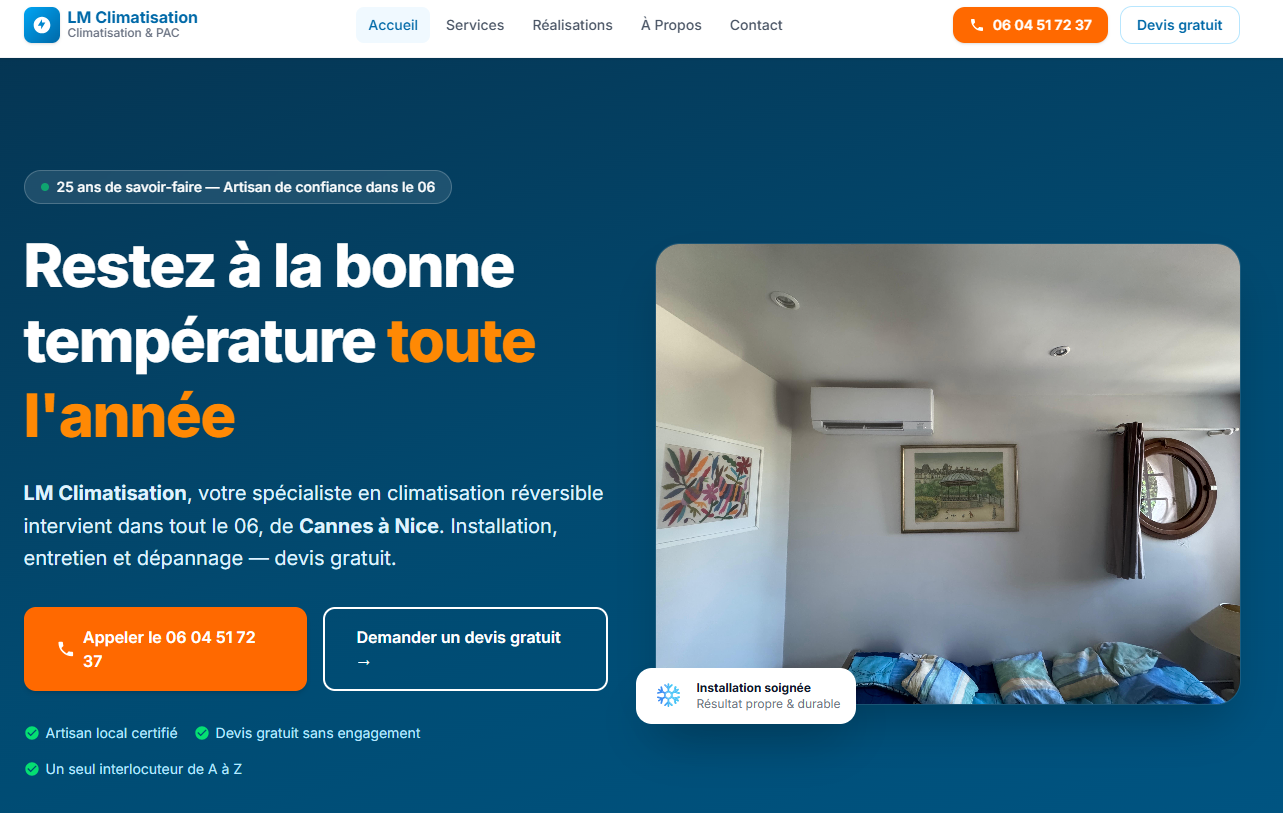 Capture d'écran du site LM Climatisation